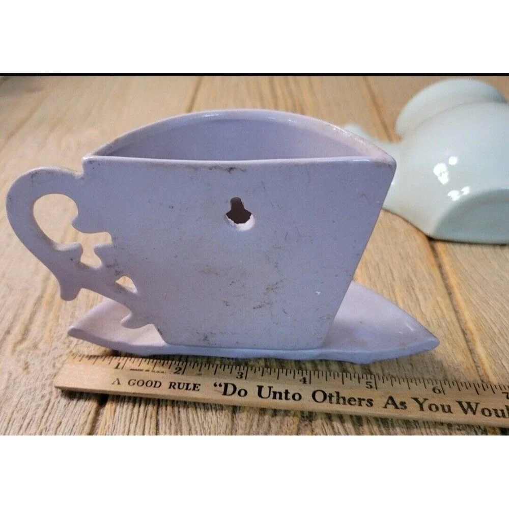 Vintage Unmarked Maker Lavender Pottery Cup and Saucer Wall Pocket, Wall Vase